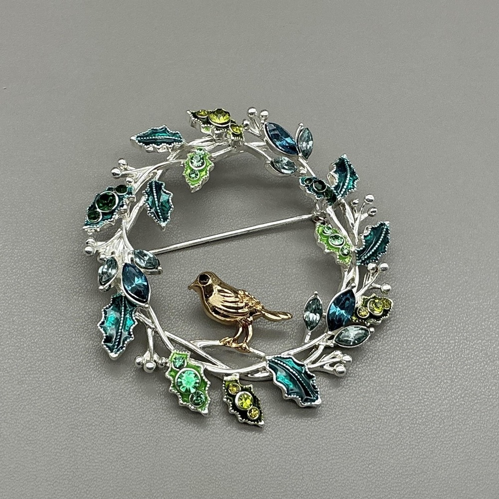 Napier Silver Tone Bird Wreath Brooch Pin Blue Green Rhinestone Enamel Jewelry